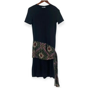 ZARA Midi T-Shirt Dress Womens Size Medium Black Geometric Tie Scarf Side Wrap